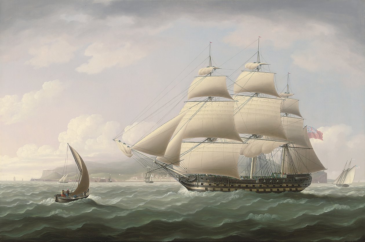 El barco Dunira de la Honorable Compañía de las Indias Orientales pasando por la bahía de Funchal en la isla de Madeira - Thomas Buttersworth de Thomas Buttersworth