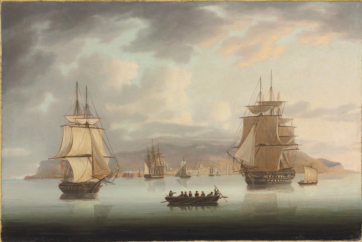 Funchal Roadstead, H.M.S. Blenheim con Greyhound y Harrier en salida, 1805 de Thomas Butterworth