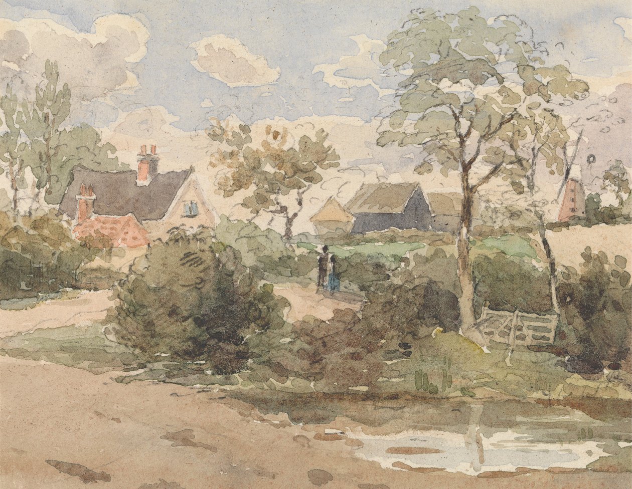 Paisaje rural con casa de campo, molino de viento, graneros y figuras con estanque en primer plano de Thomas Churchyard