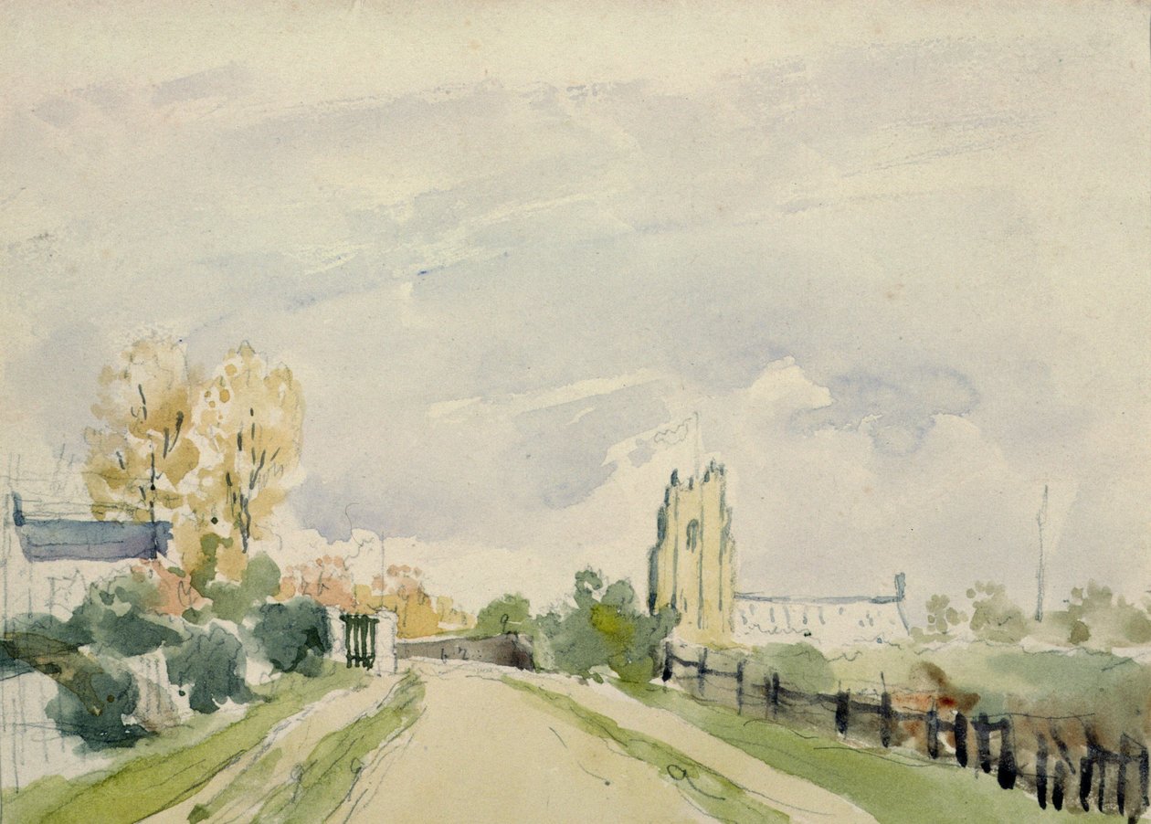 Paisaje de Suffolk, un Camino Ancho con una Pequeña Casa, una Iglesia y Árboles de Thomas Churchyard