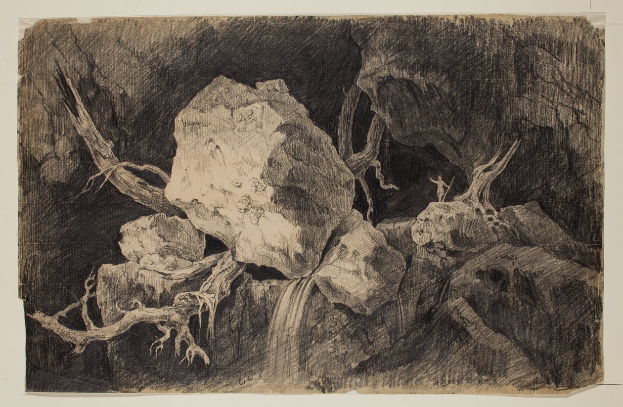 Cazador de pie en una cueva cerca de una roca y una cascada, c.1828 de Thomas Cole