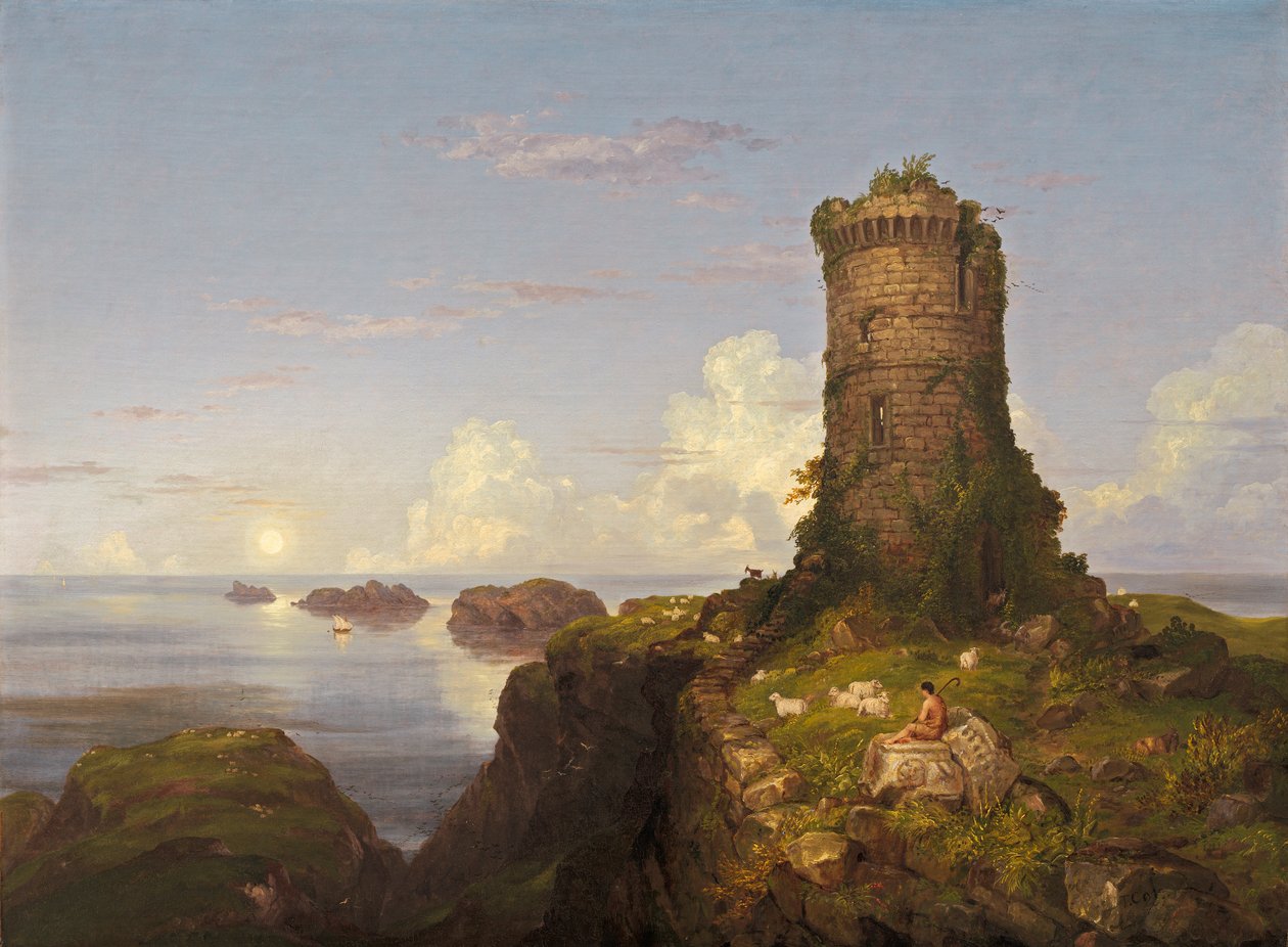 Escena de la Costa Italiana con Torre en Ruinas de Thomas Cole