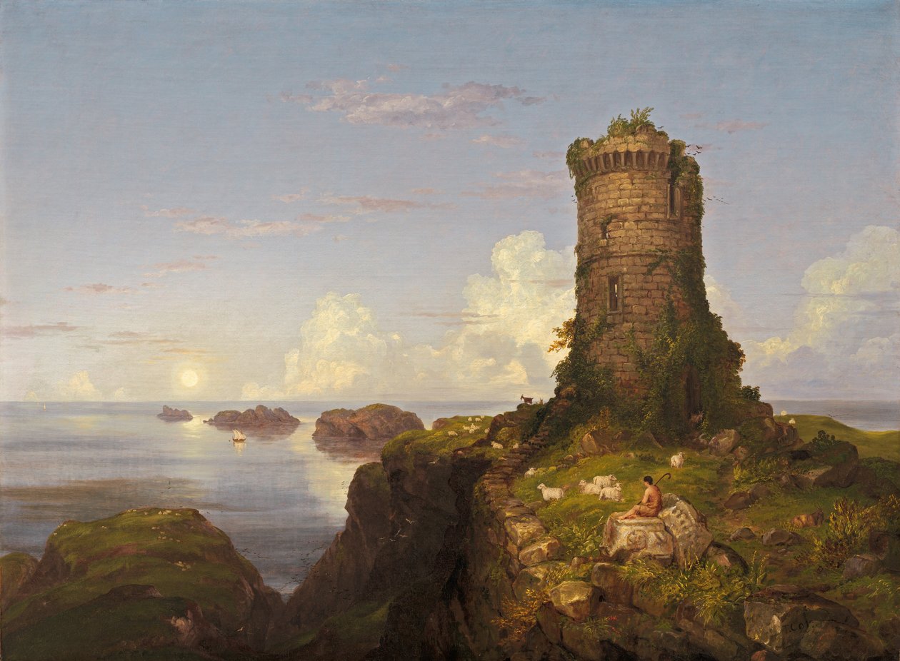 Escena costera italiana con torre en ruinas de Thomas Cole