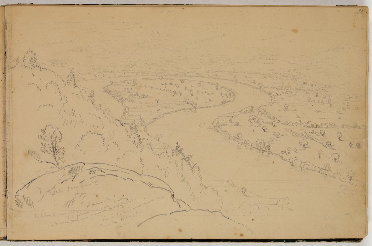 Panorama del Oxbow en el río Connecticut visto desde Mount Holyoke, c.1832 (lápiz sobre papel) de Thomas Cole