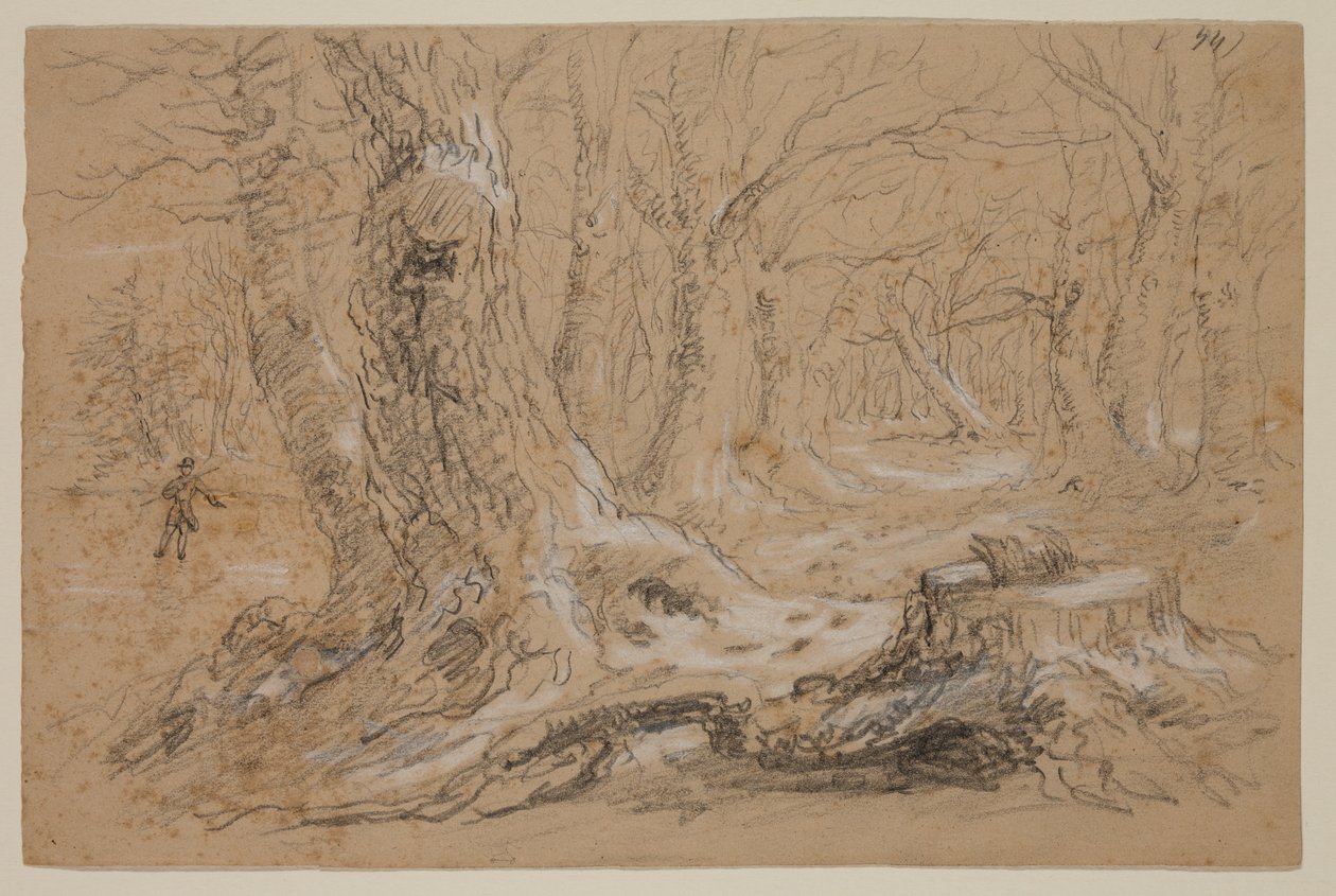 Trees in Winter with Man Standing on Frozen Creek (lápiz y gouache sobre papel) de Thomas Cole