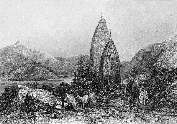 Templos hindúes de Mahadeo en las montañas Sivalic, India, grabado por E. Finden, de 