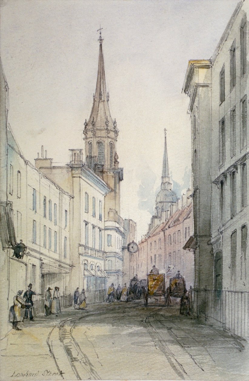 Vista a lo largo de Lombard Street, mirando al este, con figuras y carruajes, Ciudad de Londres, 1851 de Thomas Colman Dibdin