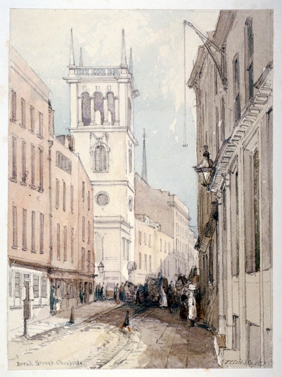 Vista de la Iglesia de All Hallows, edificios y figuras en Bread Street, Ciudad de Londres, 1851 de Thomas Colman Dibdin