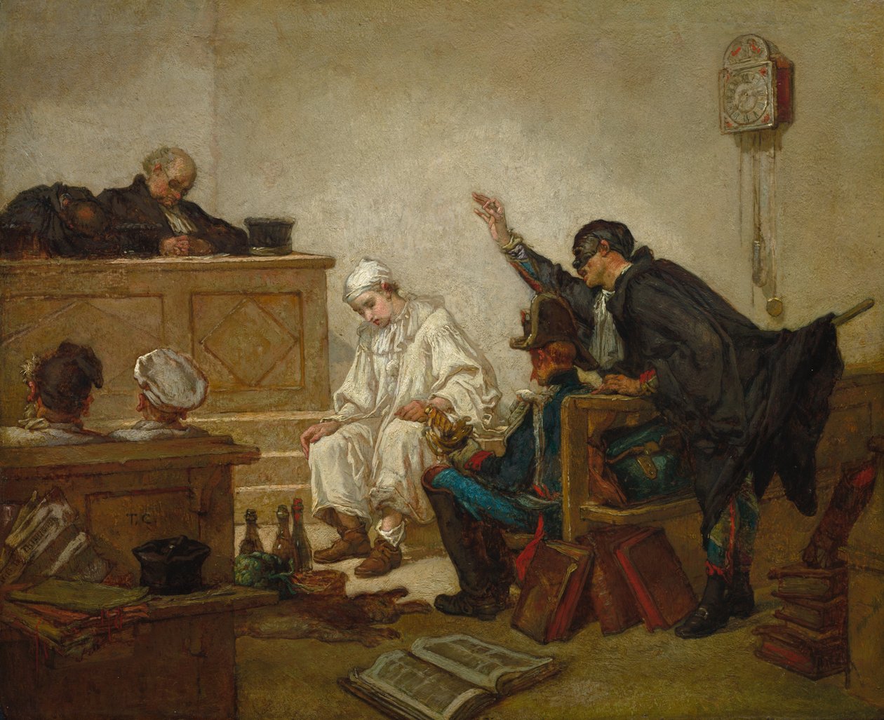 Pierrot en el tribunal penal, c.1864-70 (óleo sobre tabla de madera) de Thomas Couture