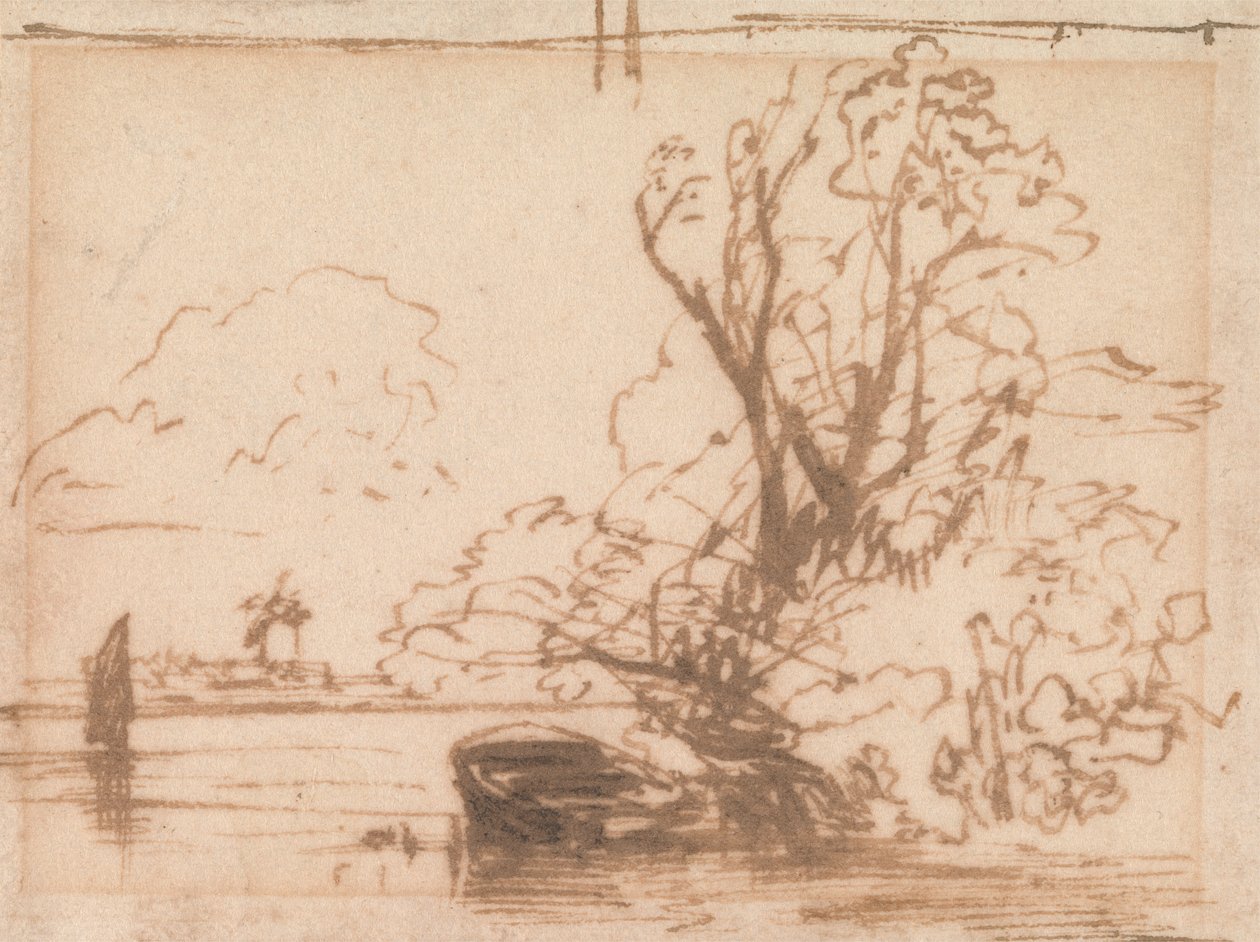 Un barco amarrado a la orilla de un río de Thomas Creswick
