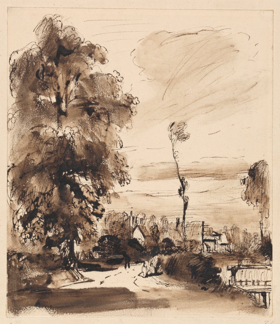 Un camino rural con casitas de Thomas Creswick