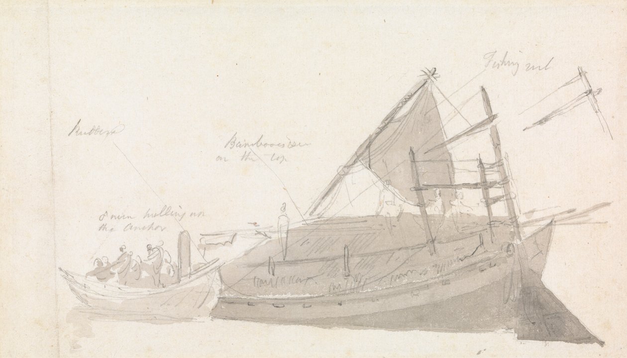 Barco de pesca con embarcación pequeña al costado de Thomas Daniell