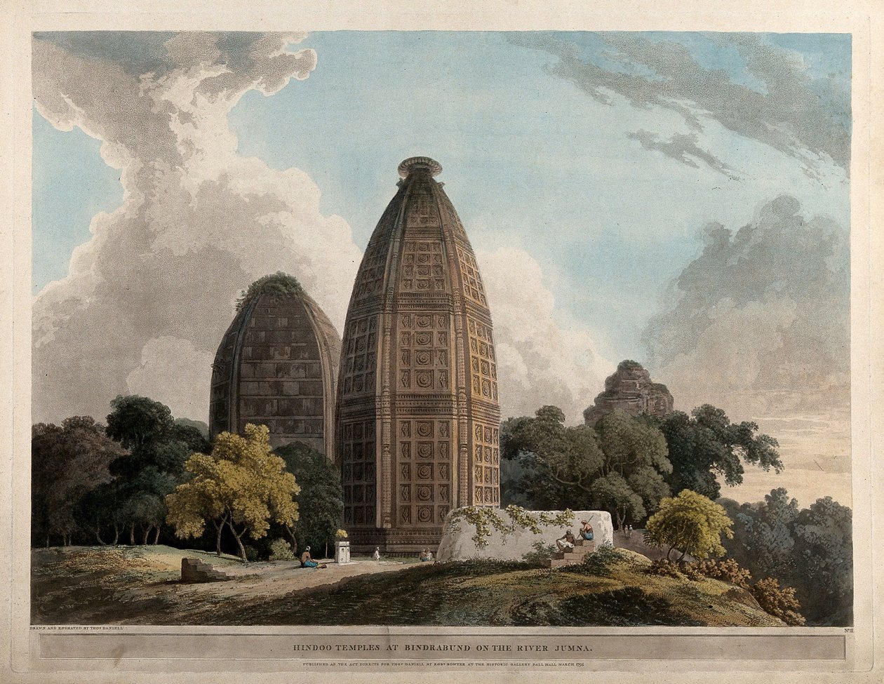 Templos hindúes en Bindrabund, en el río Jumna de Thomas Daniell
