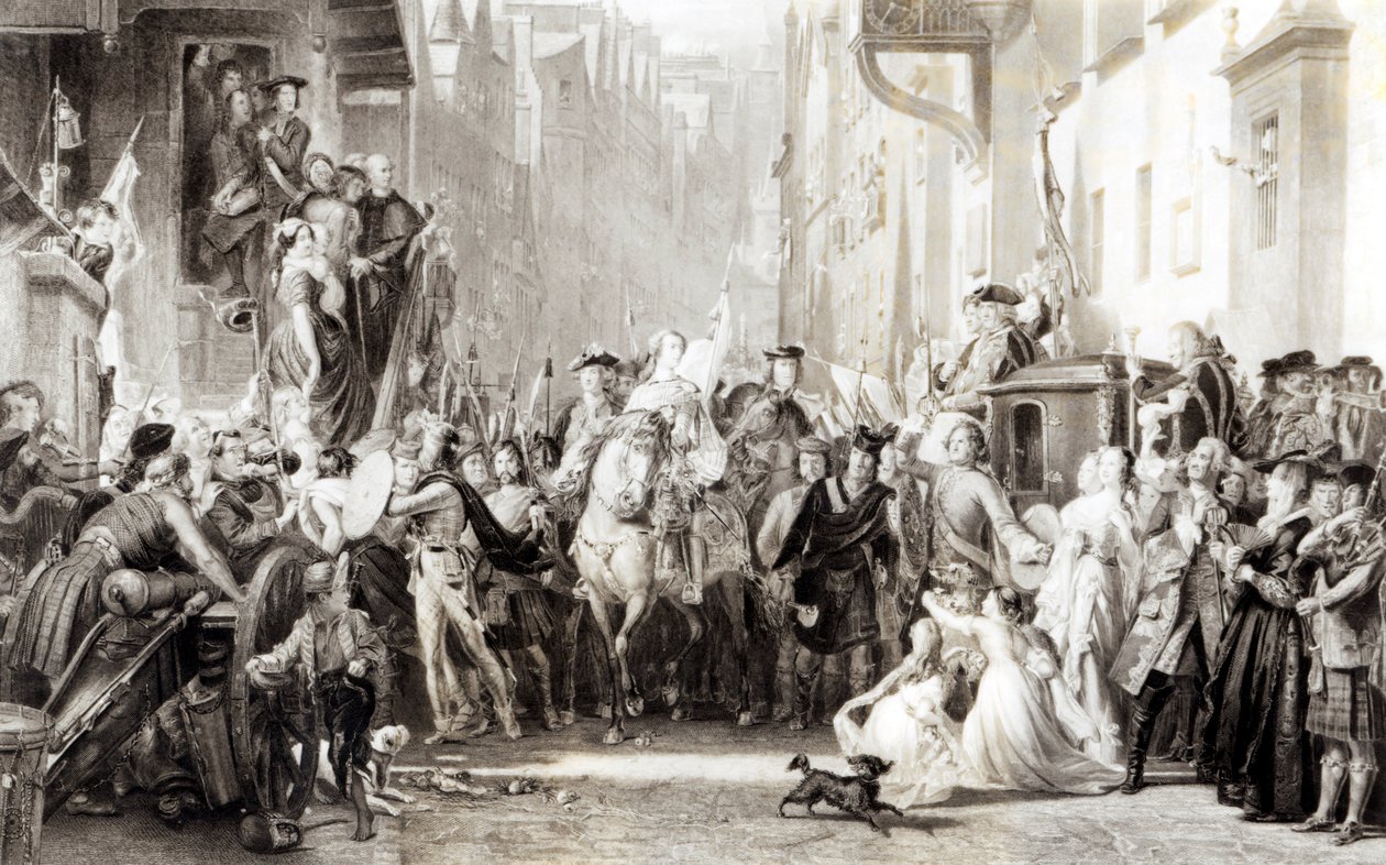 El Príncipe Carlos Eduardo (1720-88) y los Highlanders entrando en Edimburgo después de la Batalla de Preston, 21 de septiembre de 1745 de Thomas Duncan