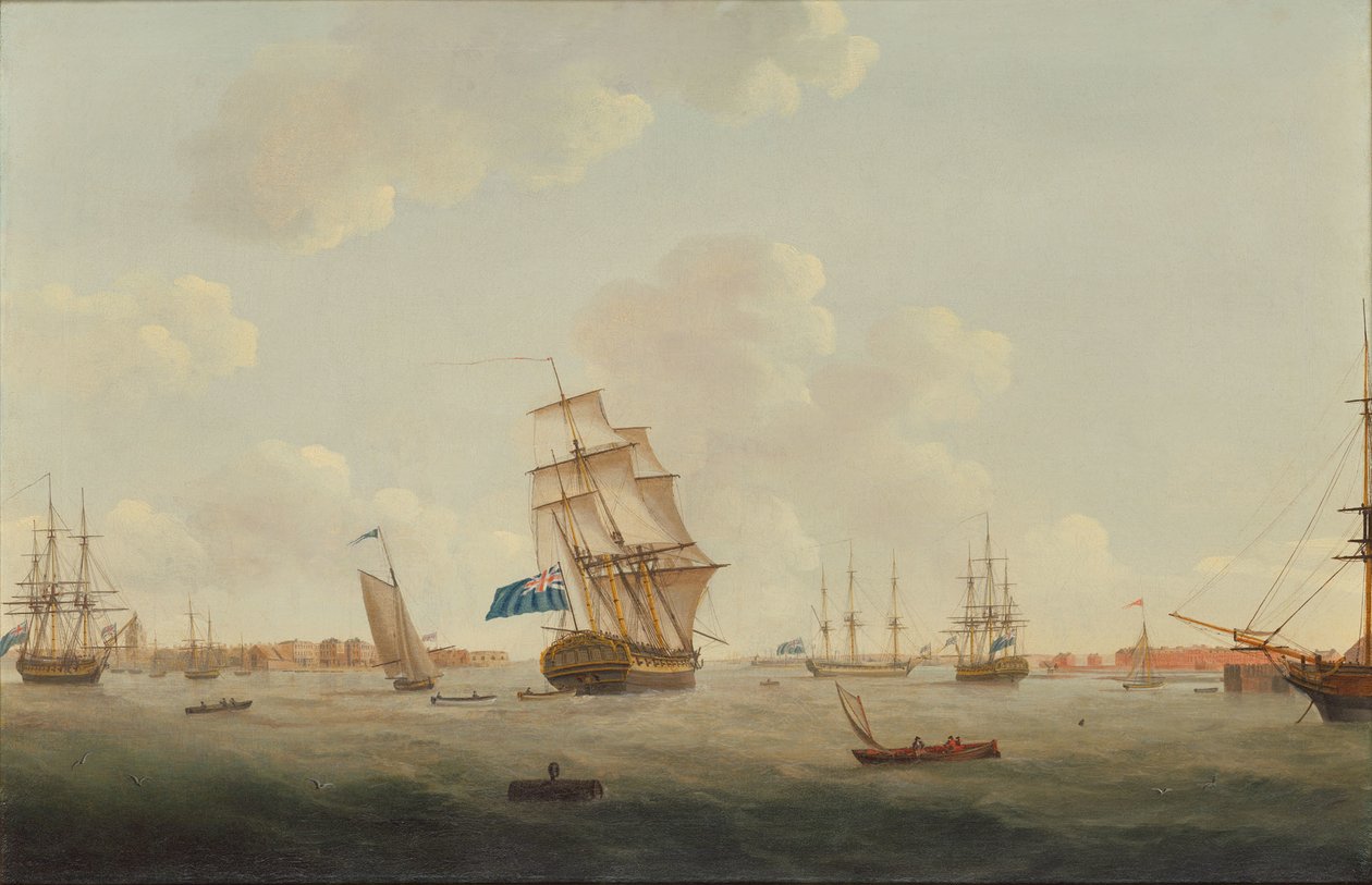 Panorámica del puerto de Portsmouth con hombres de guerra y otros barcos de Thomas Elliott