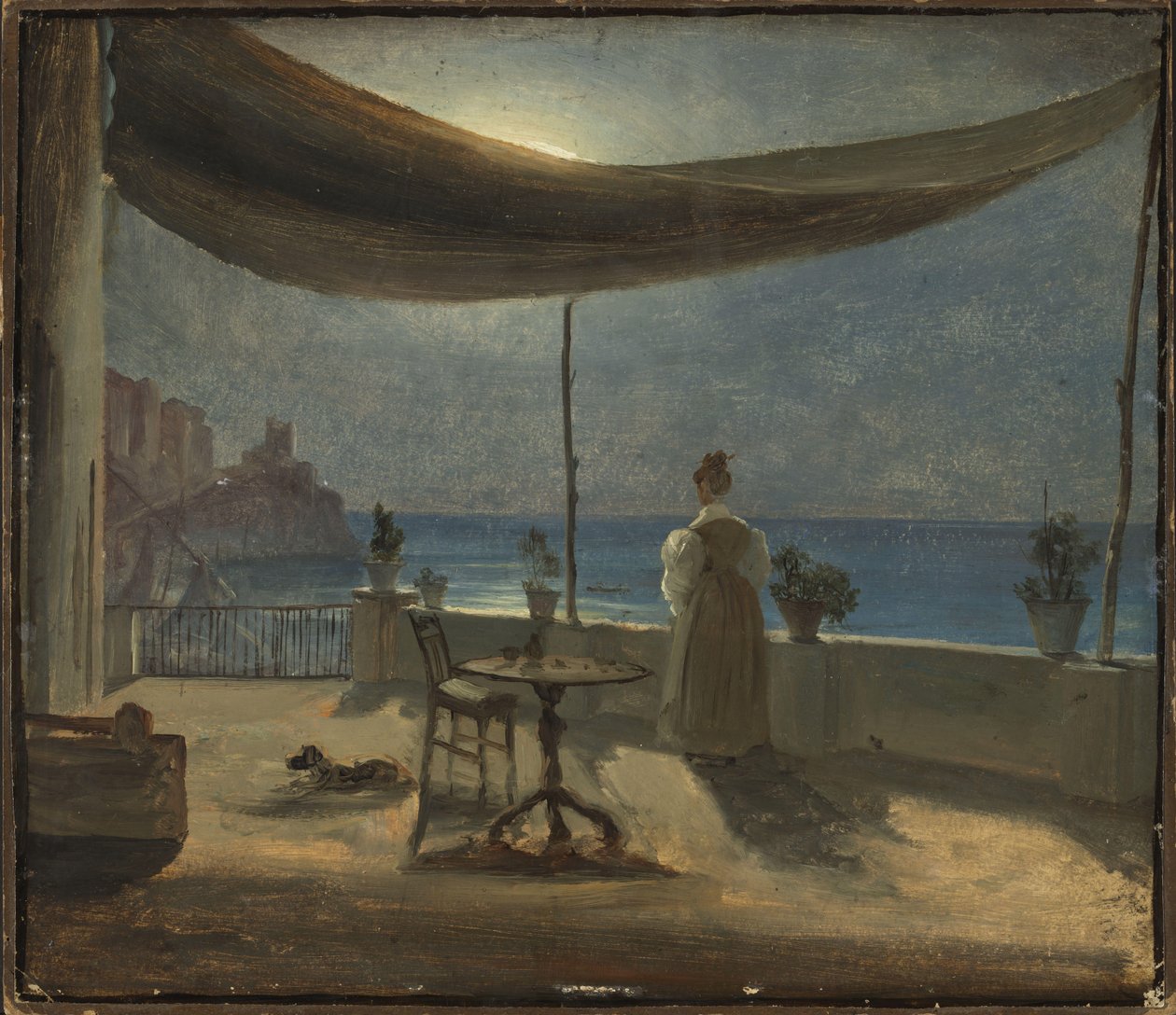 Una terraza en Amalfi a la luz de la luna, c.1834 (óleo sobre papel montado sobre tabla) de Thomas Fearnley