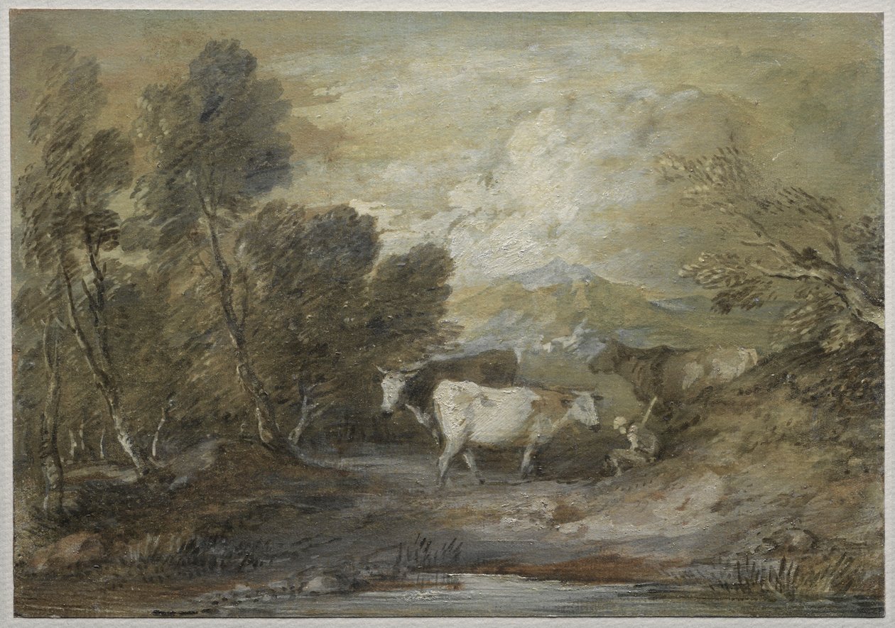 Un pastor con tres vacas junto a una piscina en las tierras altas, mediados de la década de 1780 de Thomas Gainsborough
