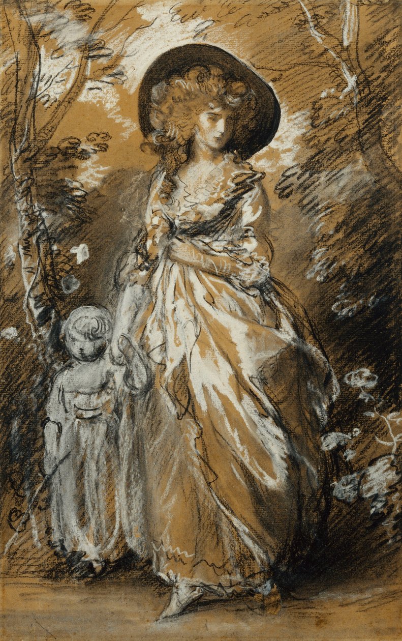 Una dama caminando en un jardín, de pie a cuerpo completo y sosteniendo a su pequeño hijo de la mano; posiblemente un estudio para The Richmond Water-Walk de Thomas Gainsborough