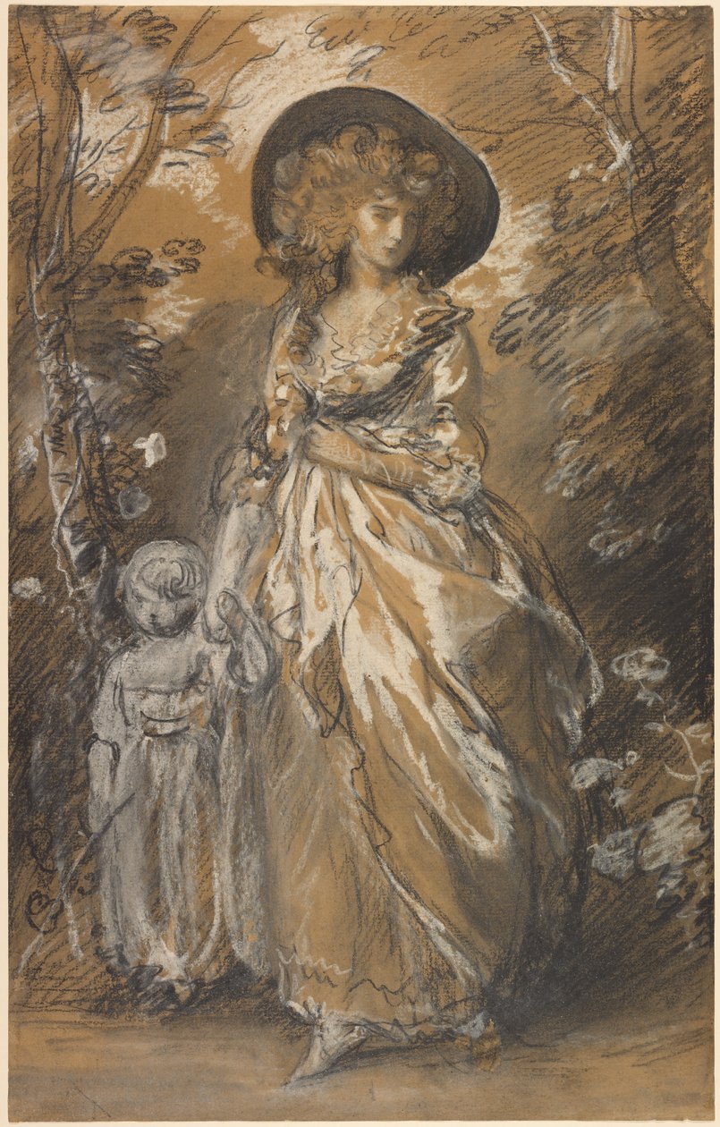 Una mujer paseando por un jardín con un niño de Thomas Gainsborough