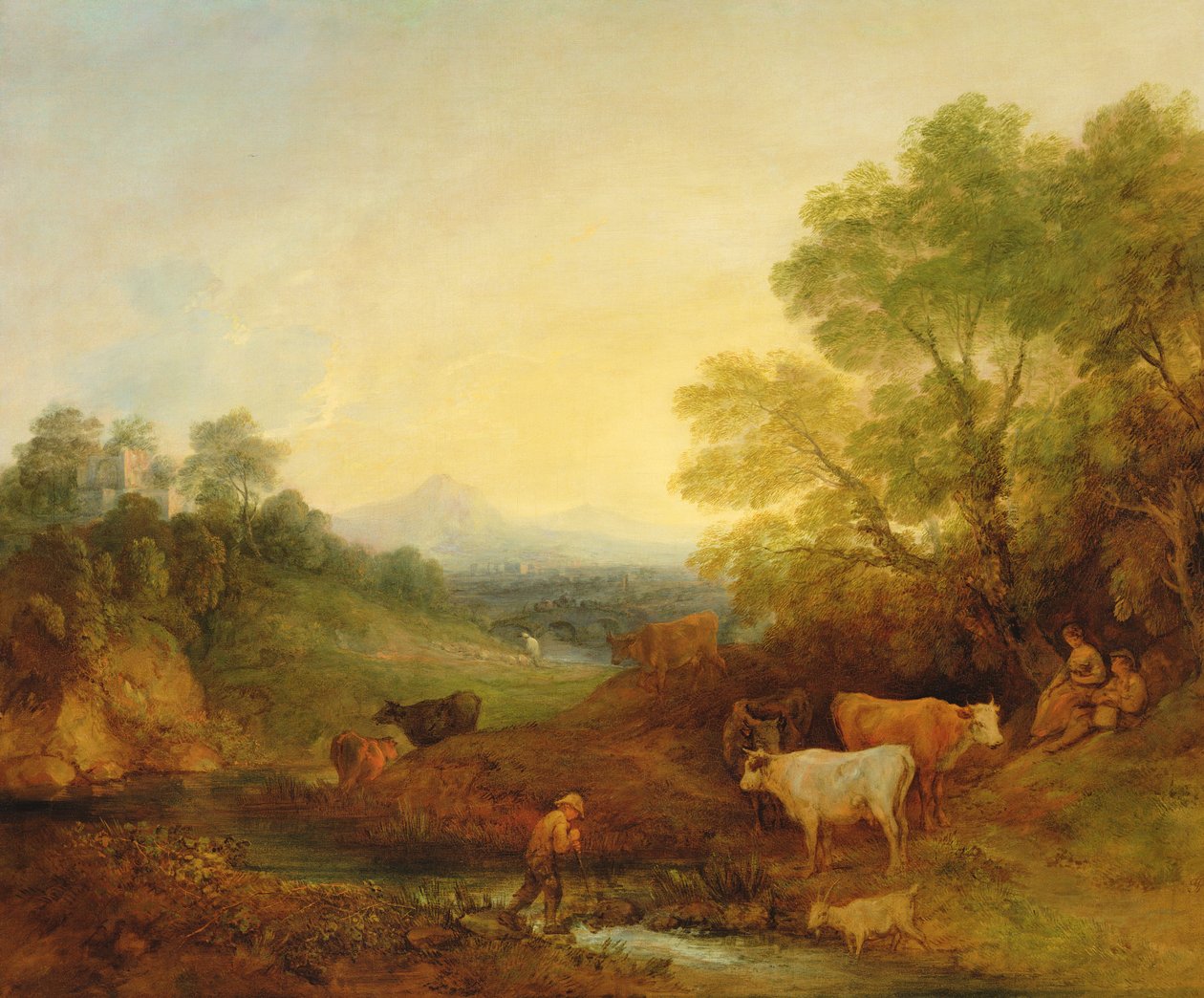 Un paisaje con ganado y figuras junto a un arroyo y un puente distante, c.1772-4 de Thomas Gainsborough