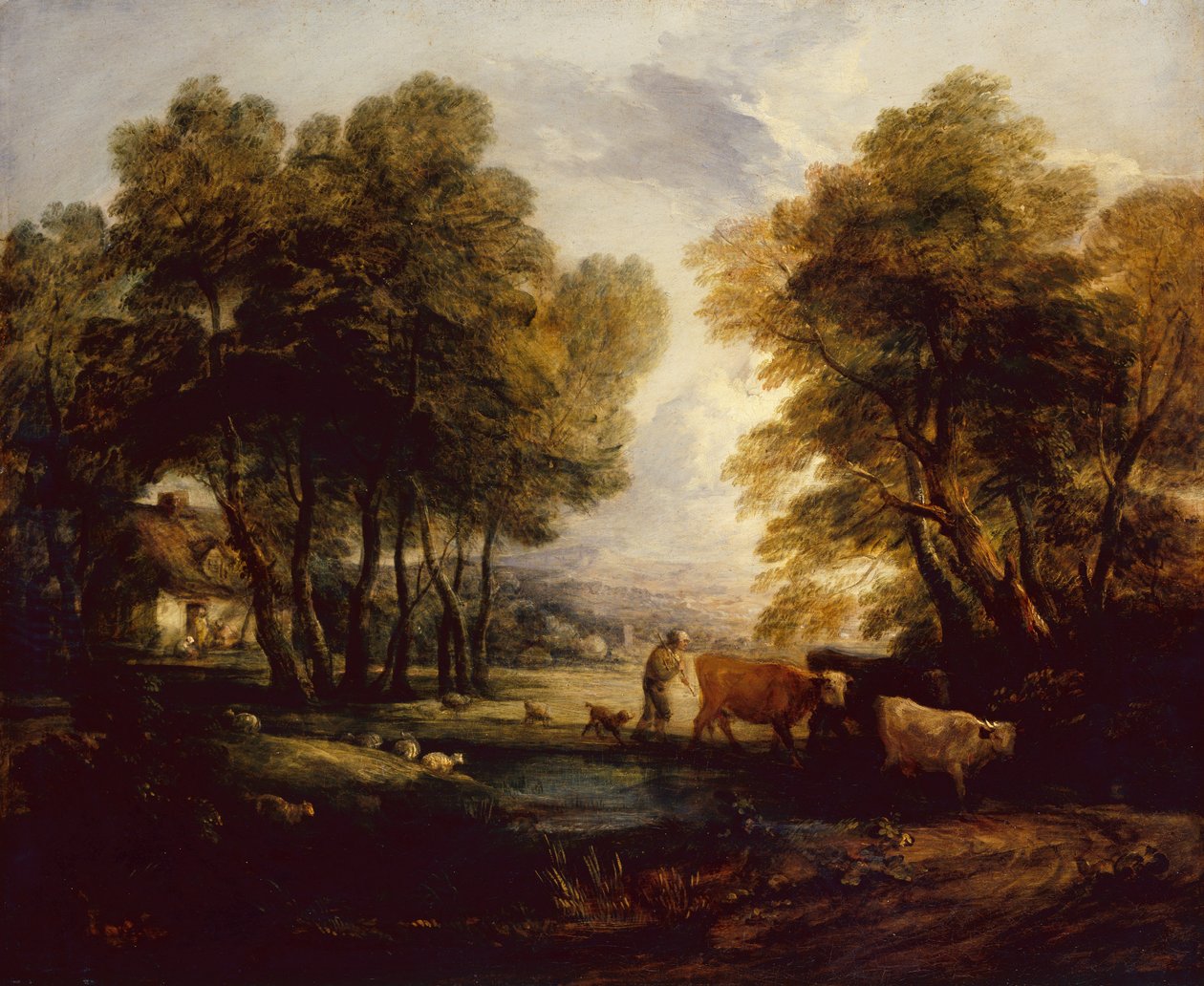 Paisaje Boscoso con Pastor, Vacas y Ovejas cerca de un Estanque de Thomas Gainsborough