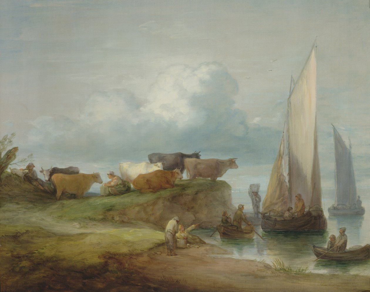Ganado en la orilla de un río con barcos de vela de Thomas Gainsborough