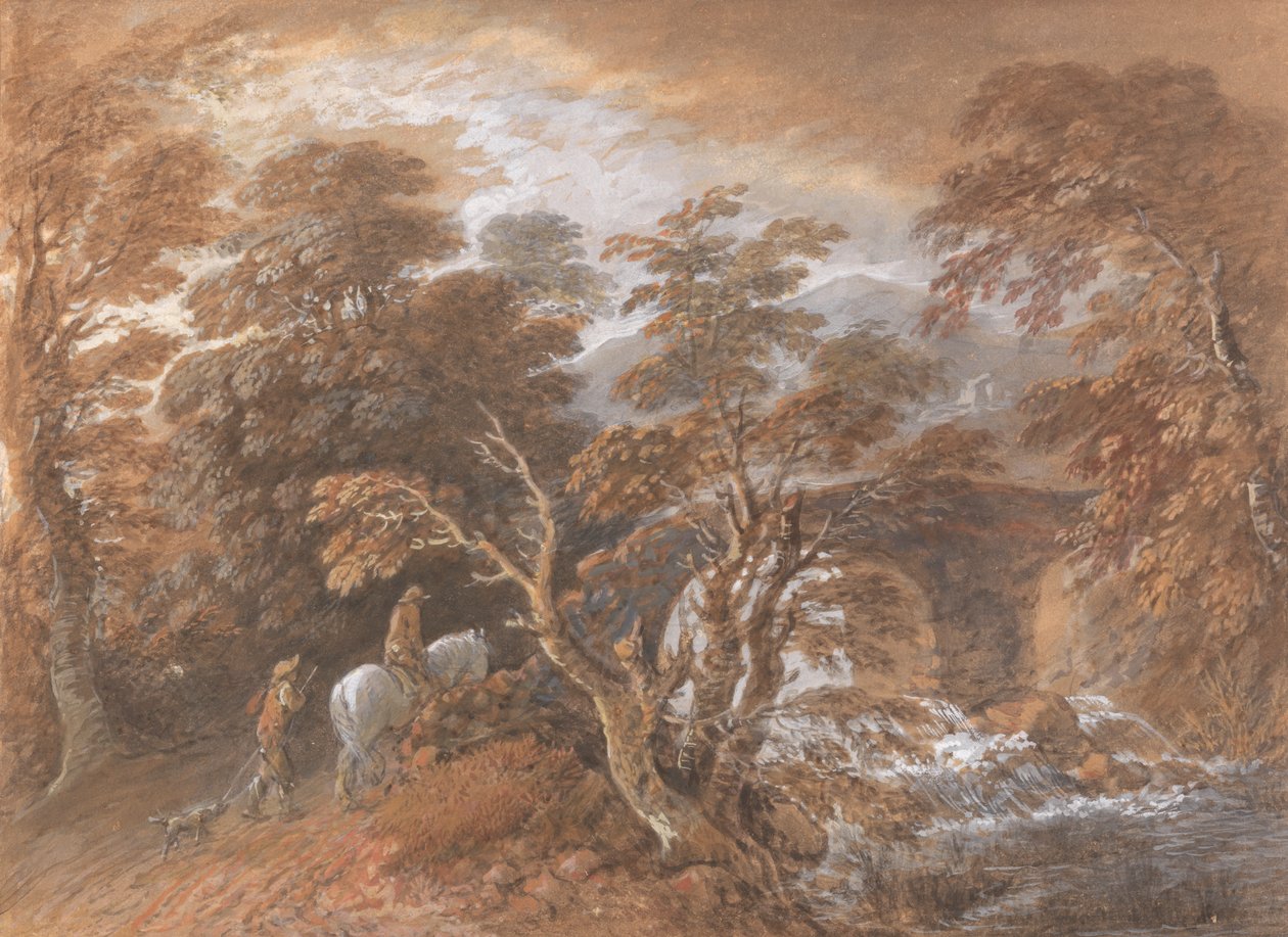 Paisaje montañoso con figuras acercándose a un puente de Thomas Gainsborough