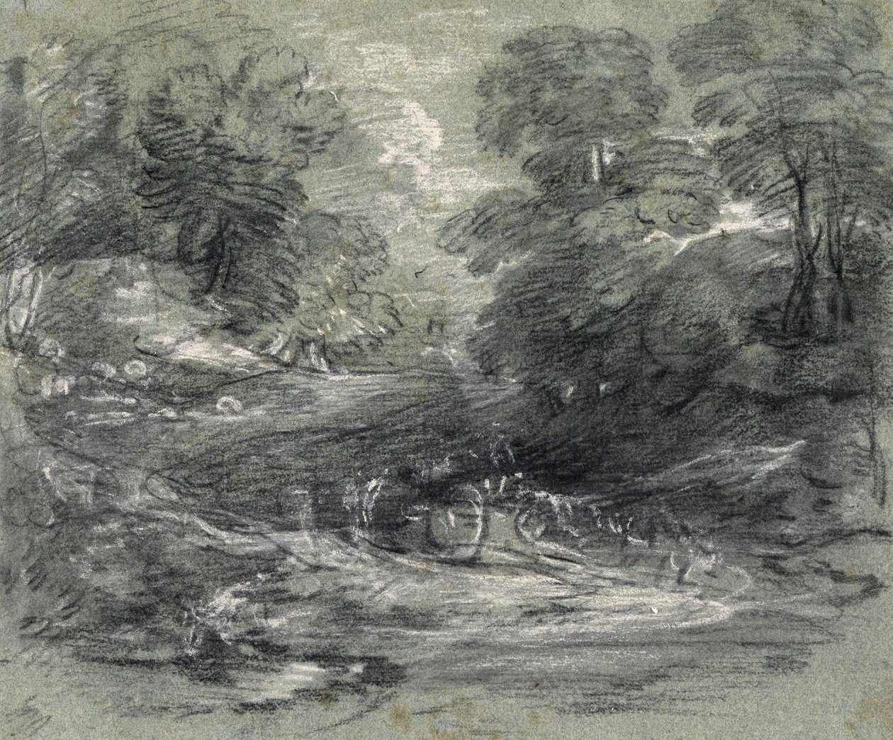 Landscape with Farm Cart on a Winding Track between Trees (carboncillo y gouache sobre papel) de Thomas Gainsborough