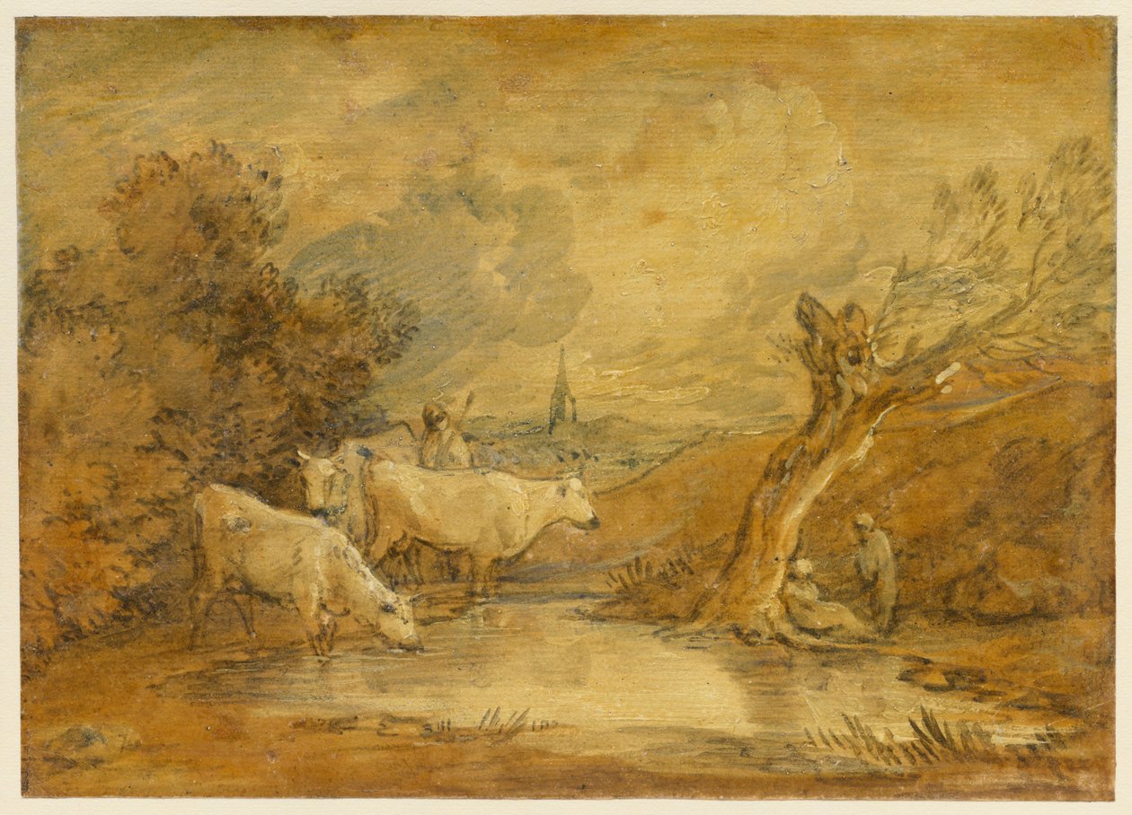 Landschaft mit Figuren, Hirte und Vieh an einem Teich, und ferne Kirche de Thomas Gainsborough