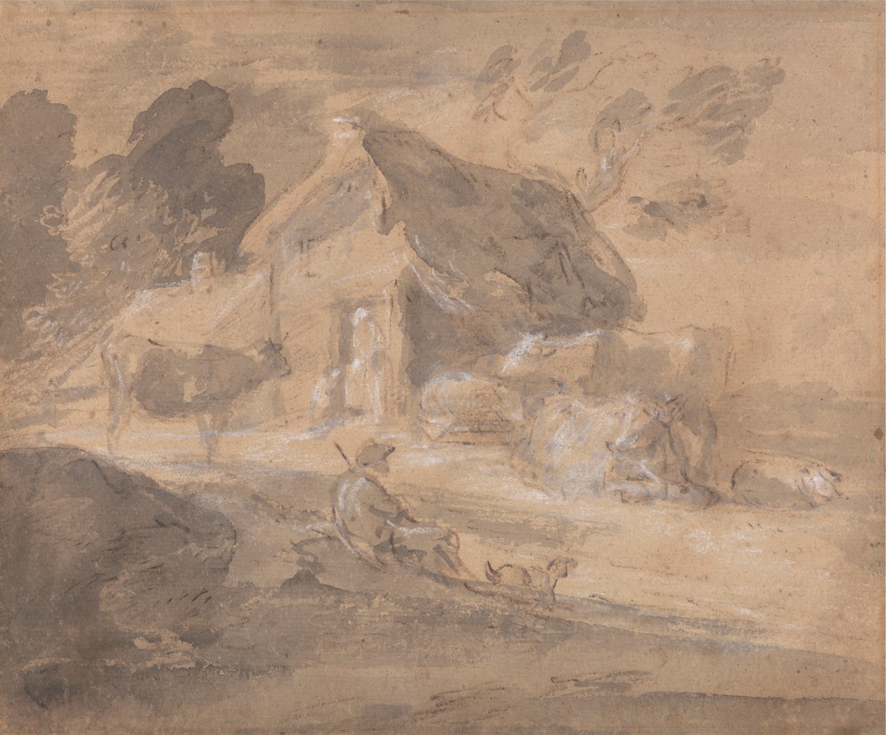 Paisaje abierto con figuras, vacas y cabaña de Thomas Gainsborough