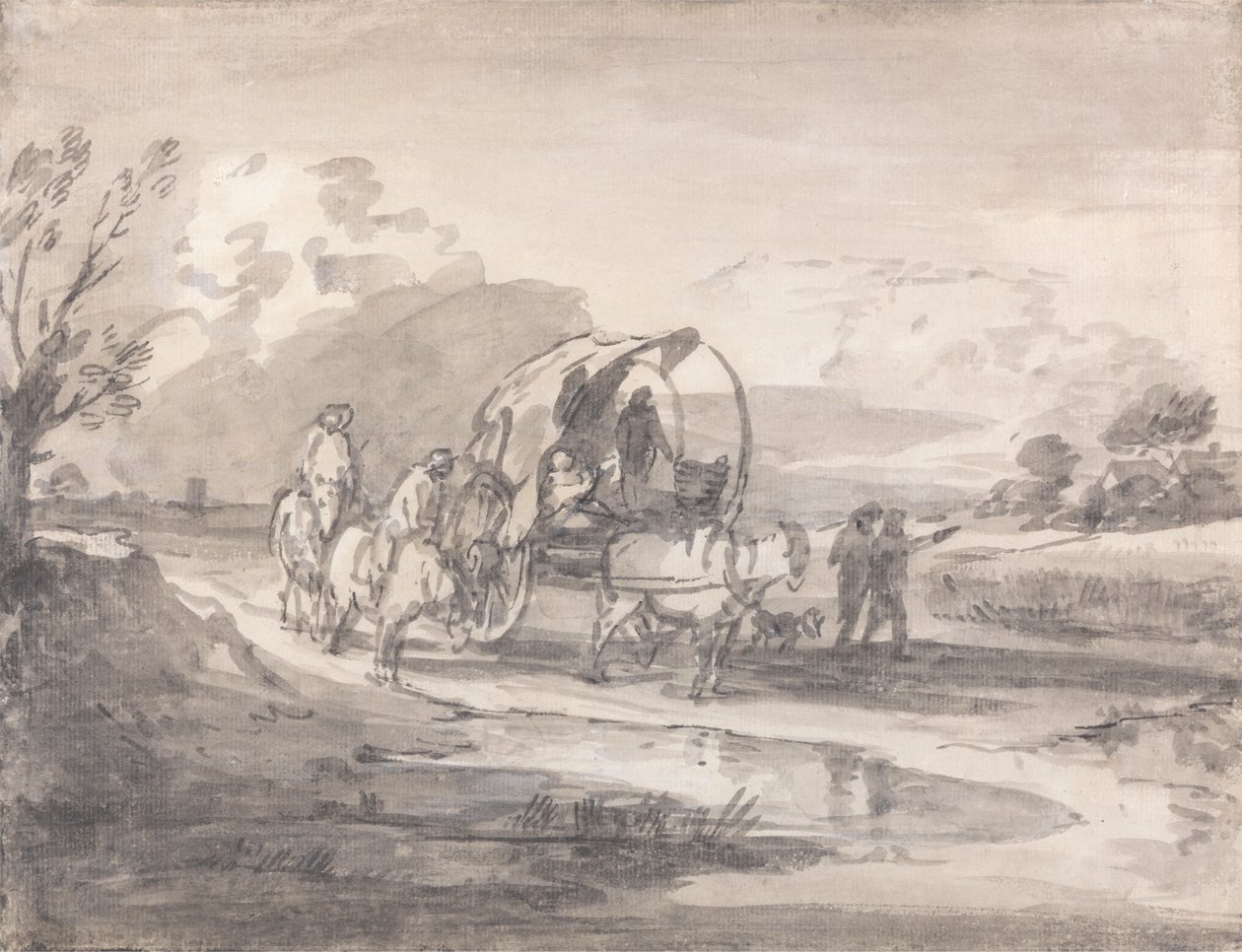 Paisaje abierto con jinetes y carro cubierto de Thomas Gainsborough