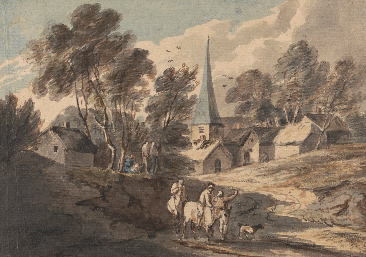 Viajeros a caballo acercándose a un pueblo con una aguja de Thomas Gainsborough