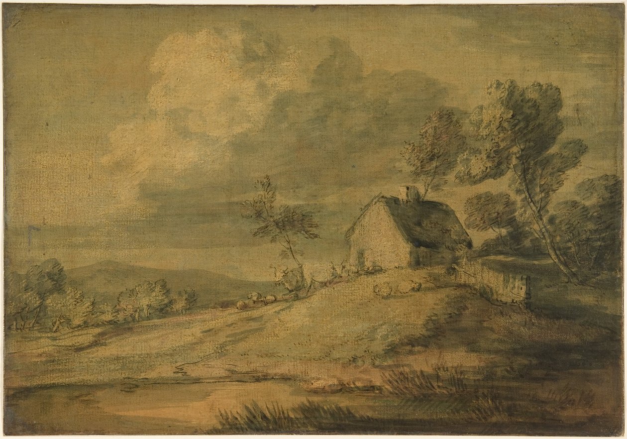Paisaje boscoso con cabaña, vacas y ovejas de Thomas Gainsborough
