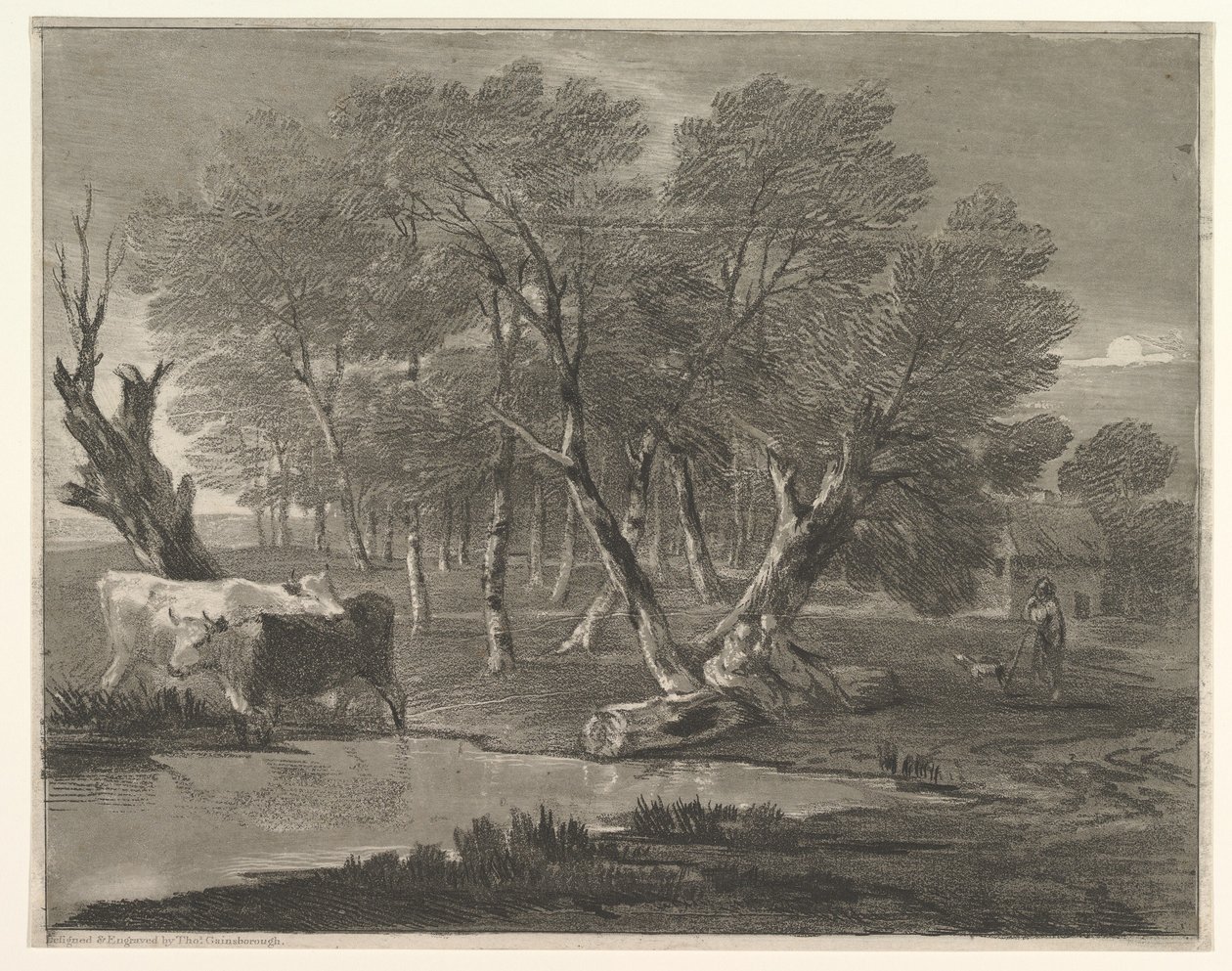 Paisaje boscoso con vacas junto a un estanque, figuras y cabaña, 1775-80 de Thomas Gainsborough