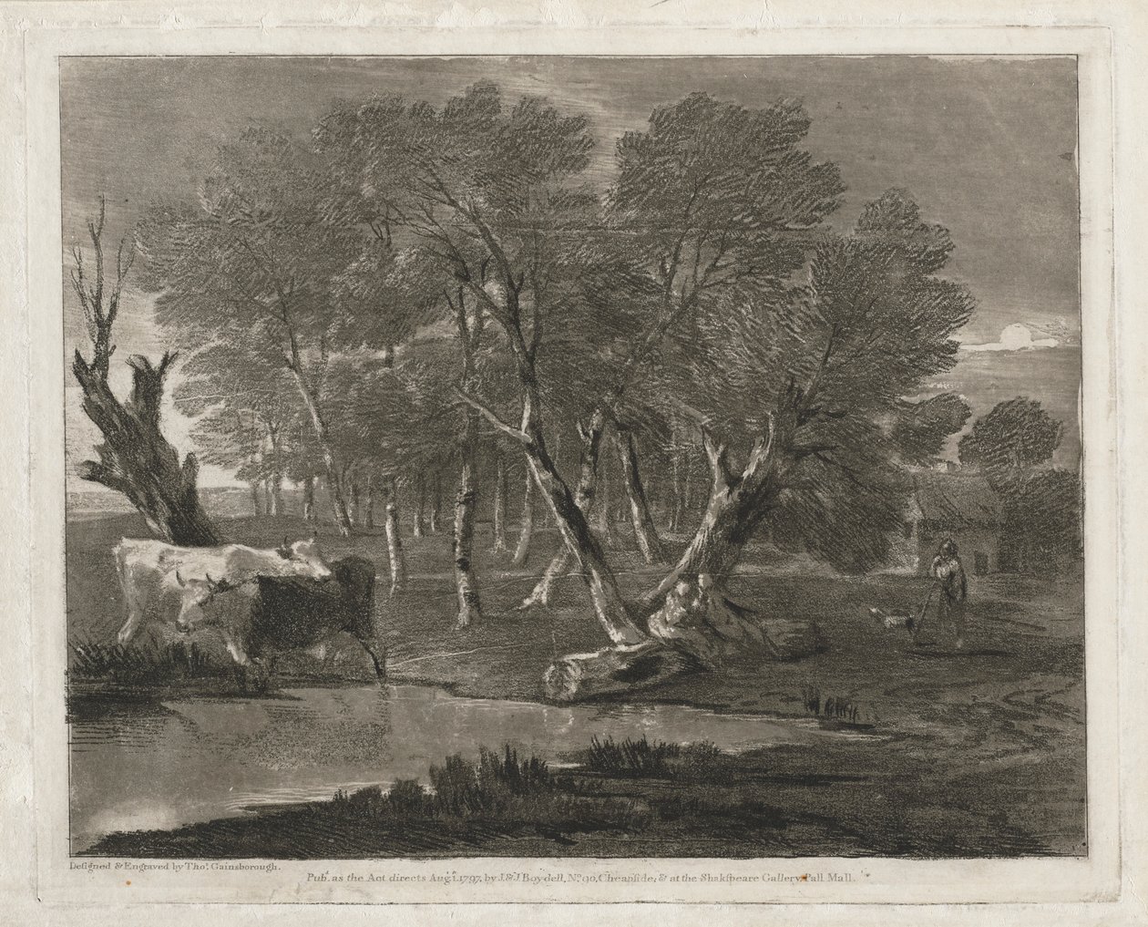Paisaje Boscoso con Vacas junto a un Estanque, Figuras y Cabaña, publicado en 1797 de Thomas Gainsborough
