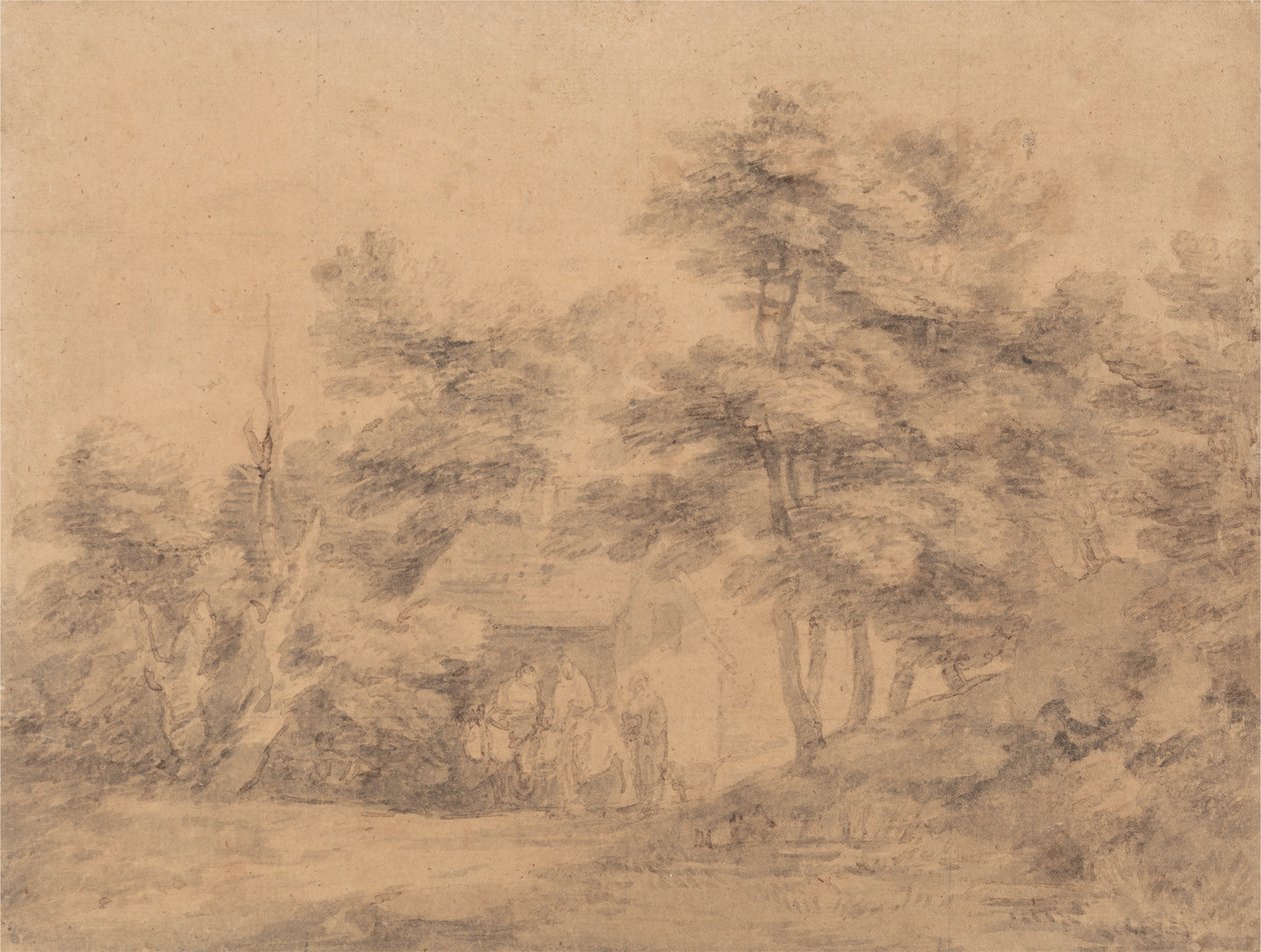 Paisaje boscoso con figuras, burros y cabaña de Thomas Gainsborough