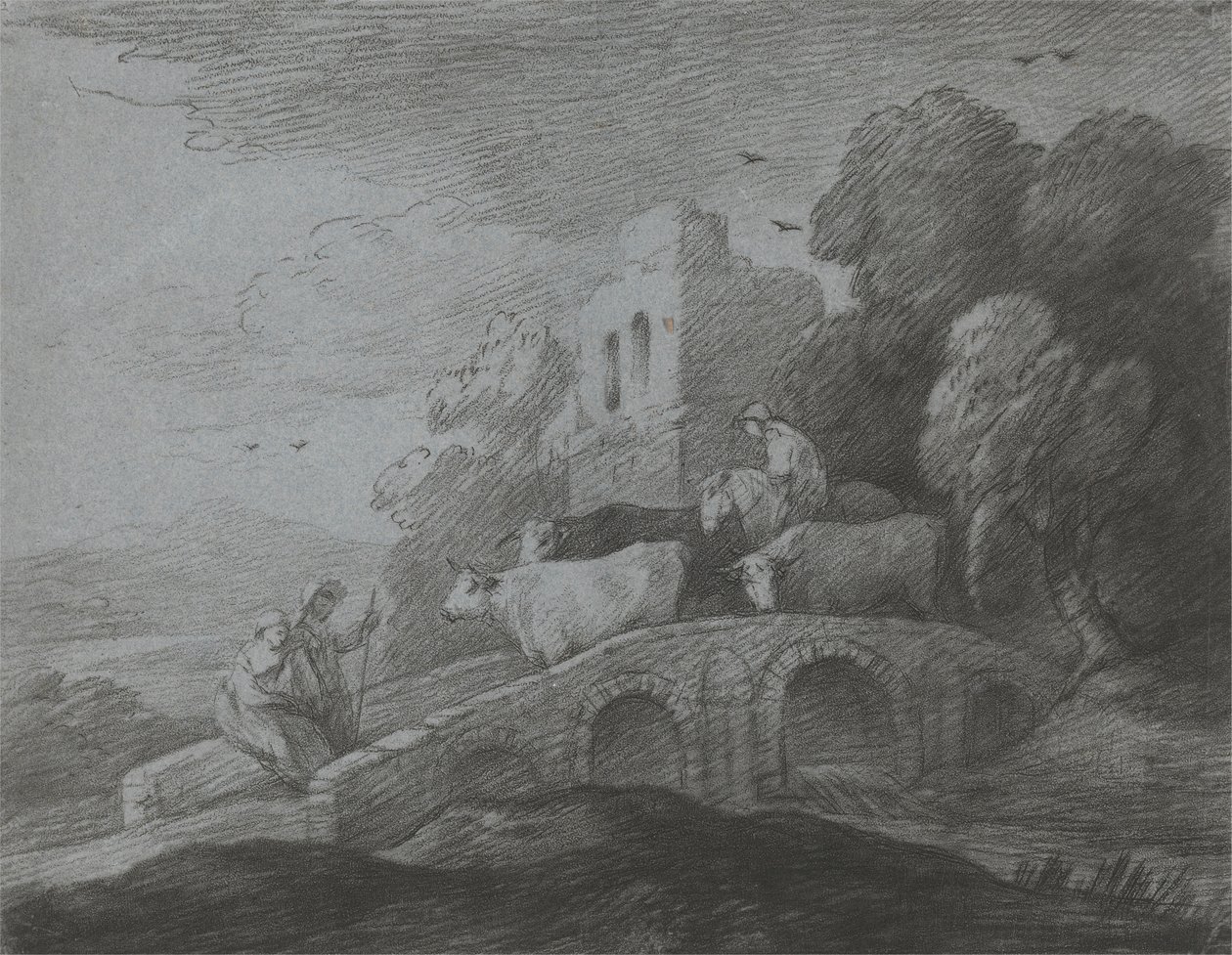 Paisaje boscoso con pastor conduciendo ganado por un puente, amantes rústicos y castillo en ruinas de Thomas Gainsborough