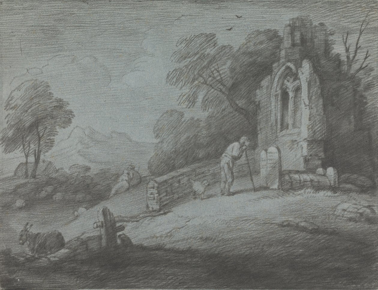 Paisaje boscoso con campesino leyendo una lápida, amantes rústicos e iglesia en ruinas de Thomas Gainsborough