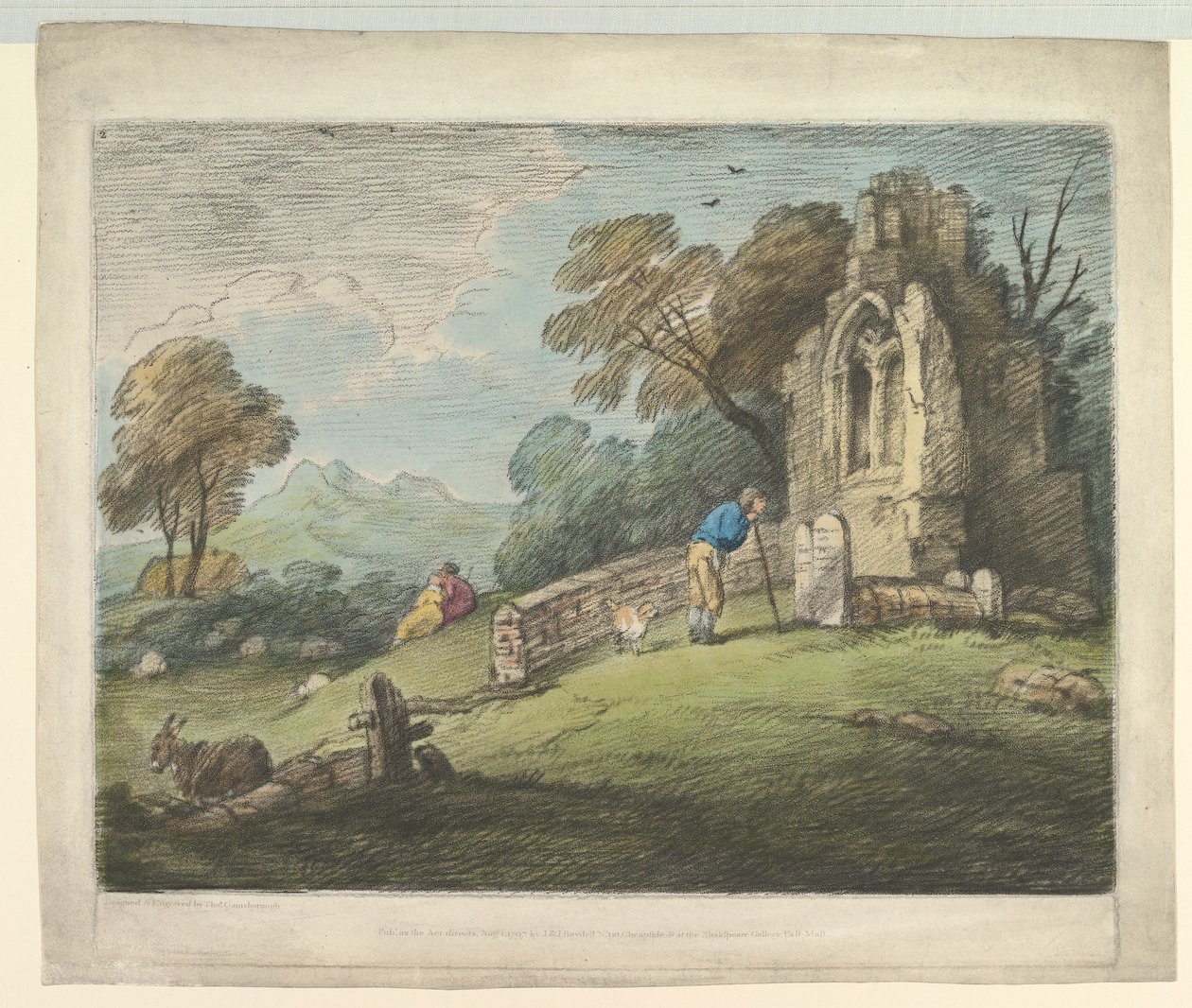 Paisaje boscoso con campesino leyendo lápida, amantes rústicos e iglesia en ruinas de Thomas Gainsborough