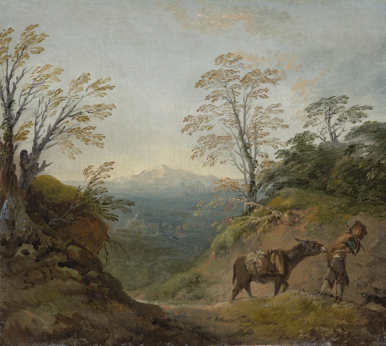 Paisaje boscoso con un niño guiando un burro y un perro, y un panorama extenso con edificios y colinas distantes, principios de 1760s de Thomas Gainsborough