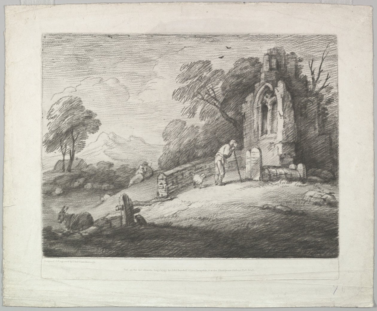 Paisaje boscoso con un campesino leyendo una lápida, amantes rústicos y una ruina..., 1 de agosto de 1797 de Thomas Gainsborough