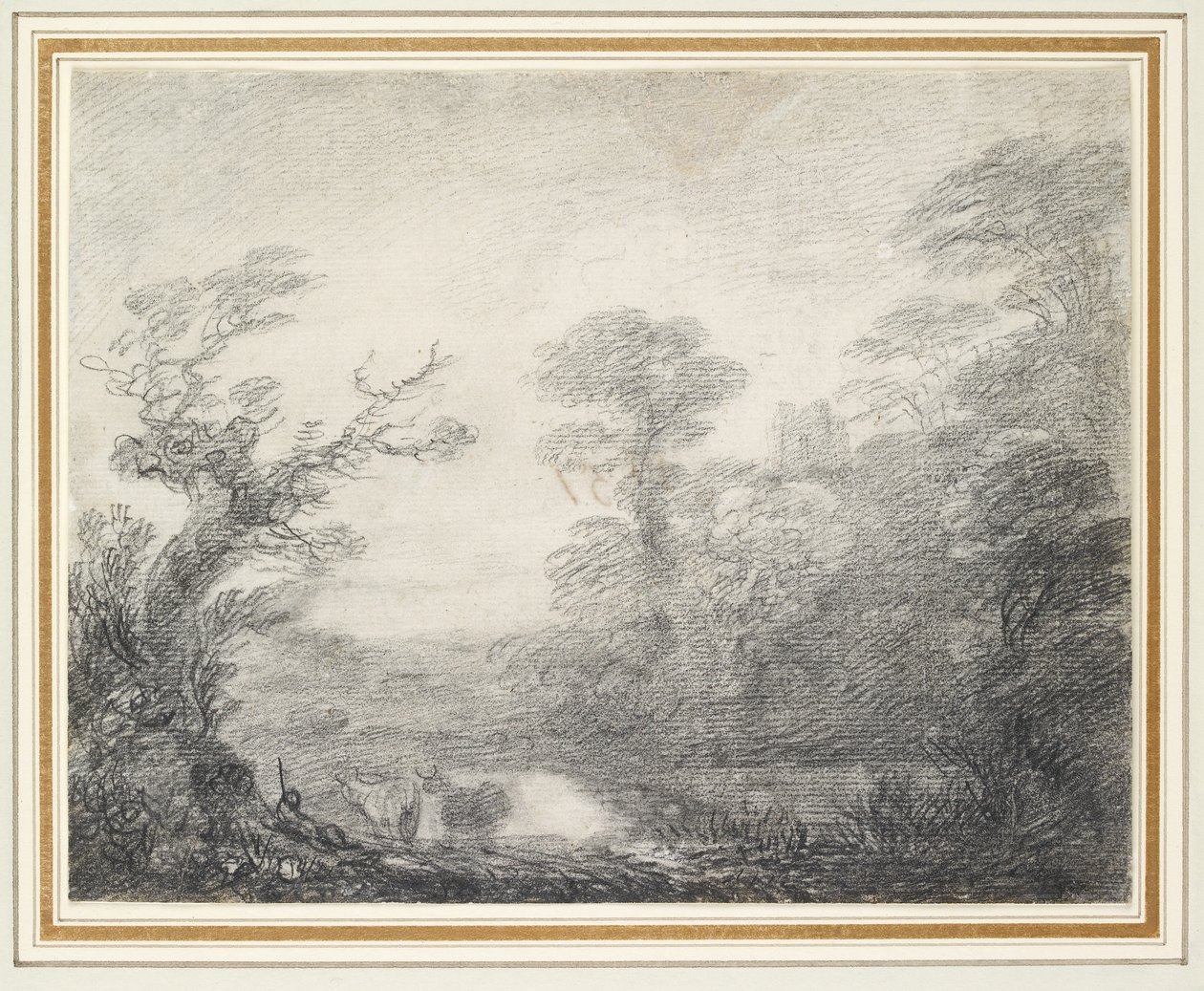 Paisaje boscoso con pastor, vacas y torre de iglesia de Thomas Gainsborough