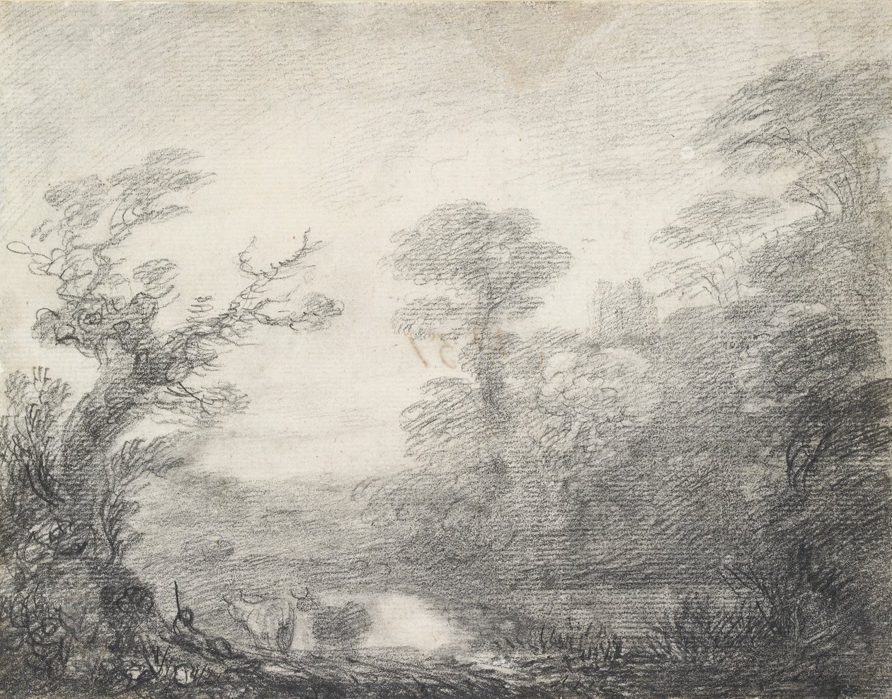 Paisaje boscoso con pastor, vacas y torre de iglesia, 1753-1757 de Thomas Gainsborough
