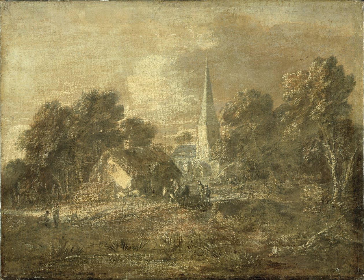 Paisaje boscoso con escena de pueblo, principios de 1770-72 de Thomas Gainsborough