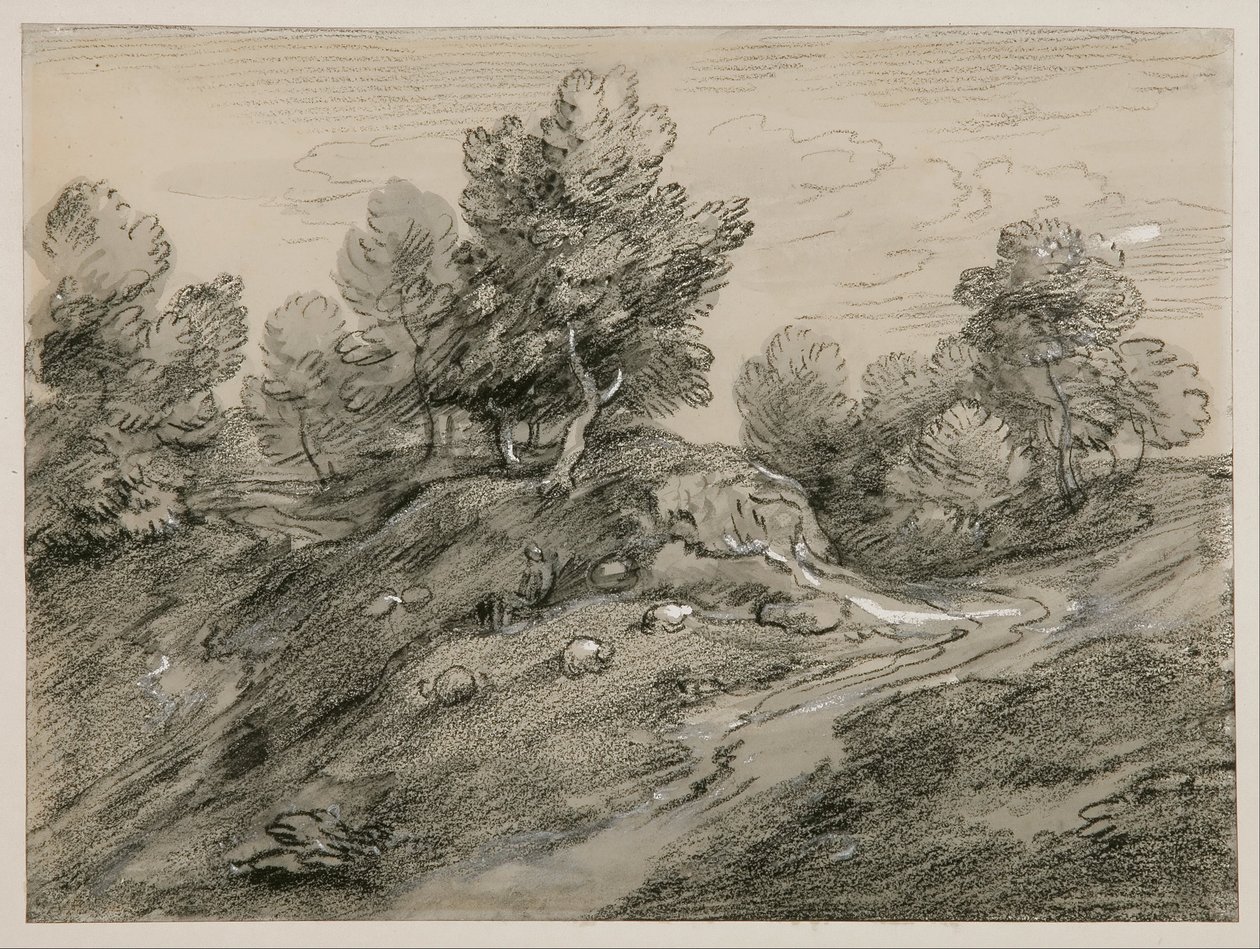 Paisaje boscoso de tierras altas con pastor, ovejas y camino rural que serpentea alrededor de una colina de Thomas Gainsborough