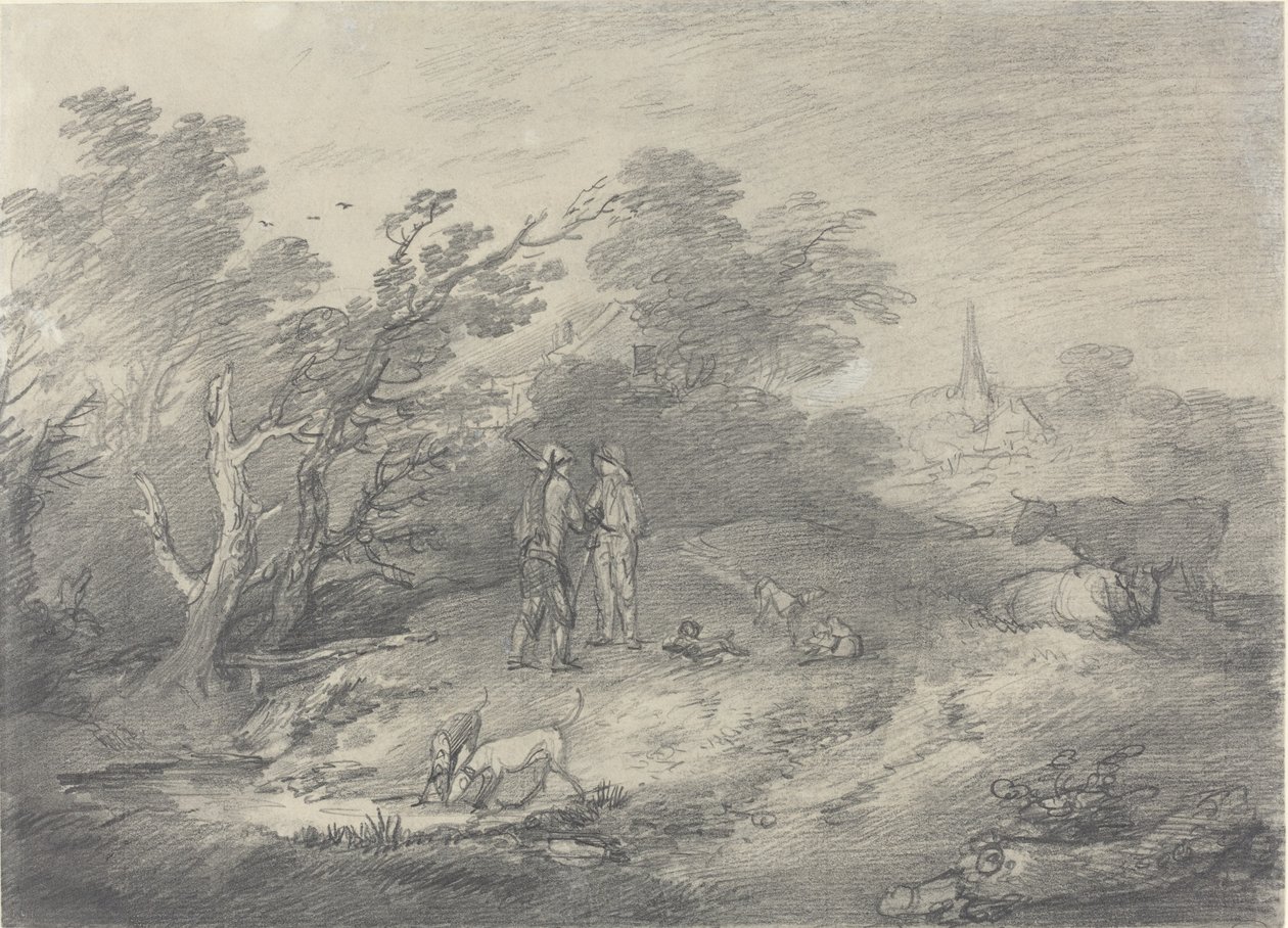Bosques cerca de un pueblo con cazadores de conejos y sus galgos de Thomas Gainsborough