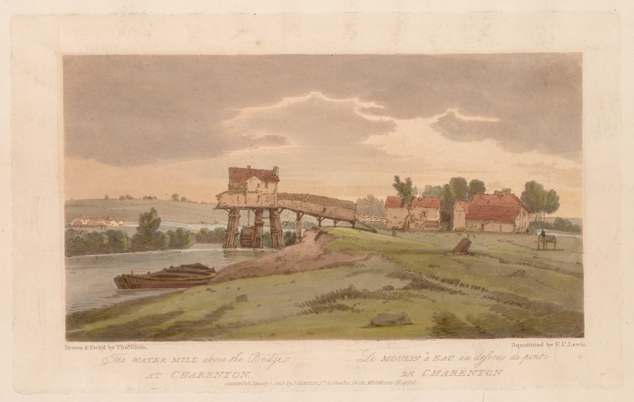 Una selección de veinte de las vistas más pintorescas de París: el molino de agua sobre el puente de Charenton de Thomas Girtin