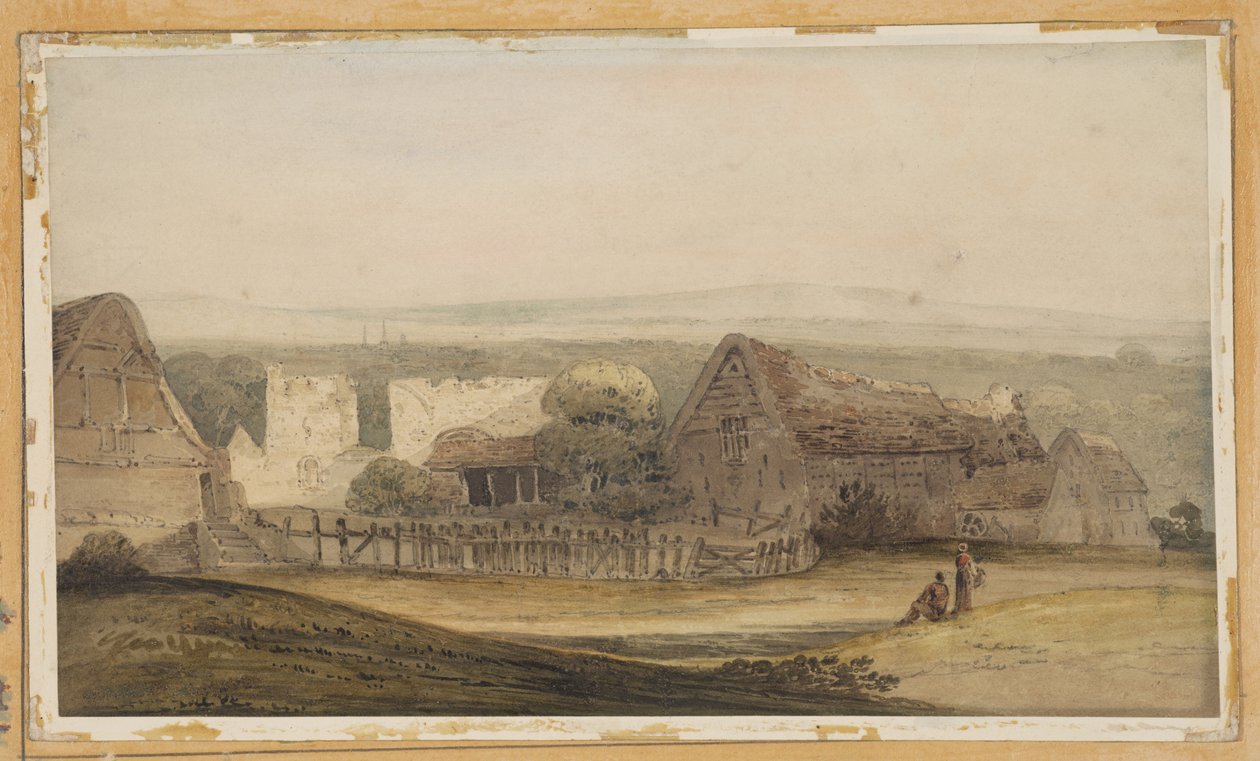 Un amplio edificio con construcciones agrícolas y ruinas de una iglesia de Thomas Girtin