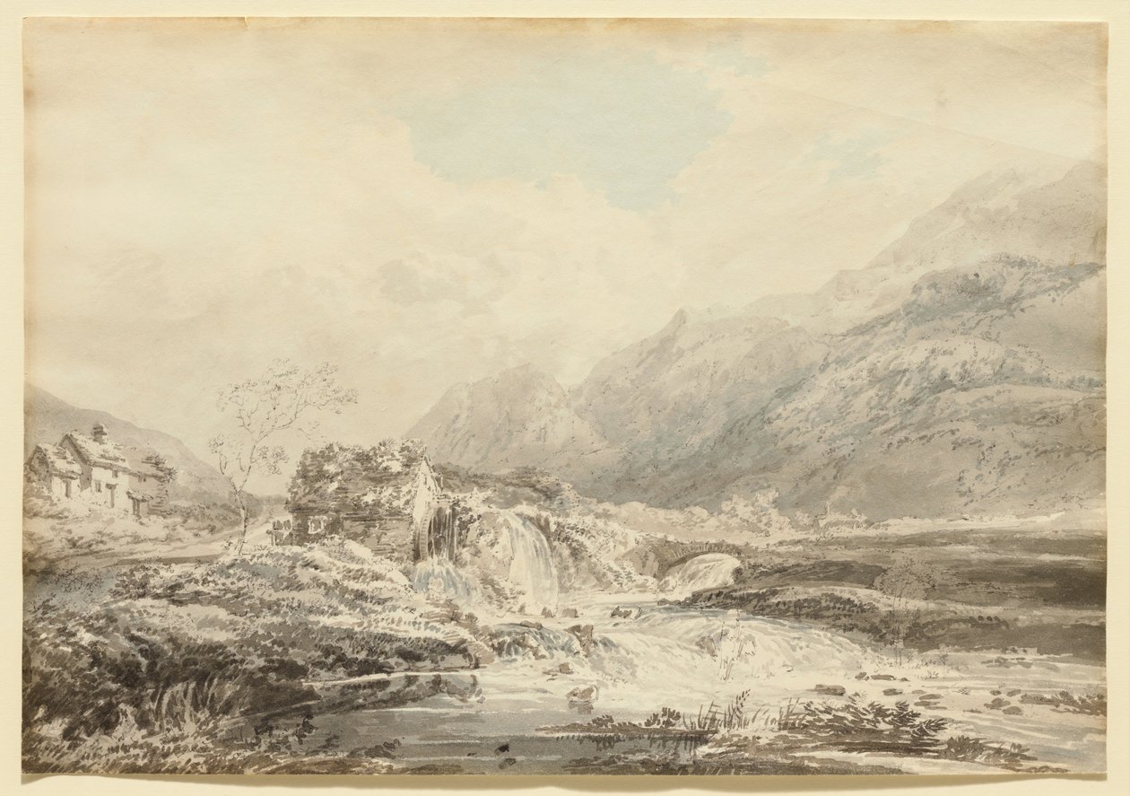 Paisaje montañoso con molino de rueda hidráulica superior y puente de Thomas Girtin