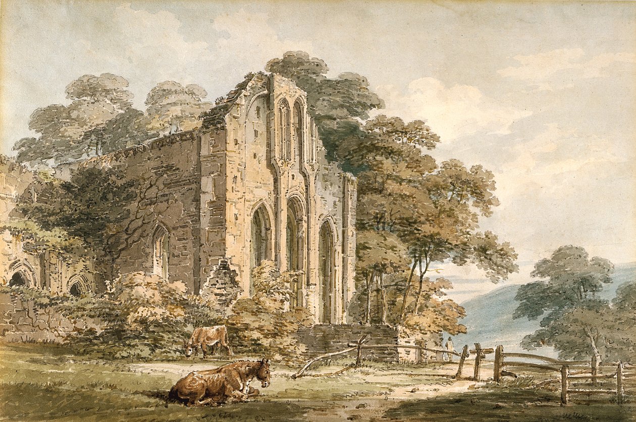 Abadía de Valle Crucis, Denbighshire, Gales del Norte (acuarela sobre lápiz sobre papel blanco) de Thomas Girtin